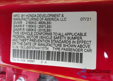 2021 Acura Tlx A-Spec Package из США, поврежденный, VIN 19UUB5F57MA015754